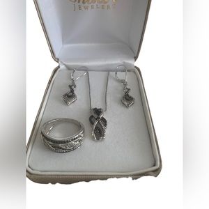 Diamond Necklace, Earrings, Ring Size 6.5, set in 925 Sterling Silver by Shaw’s